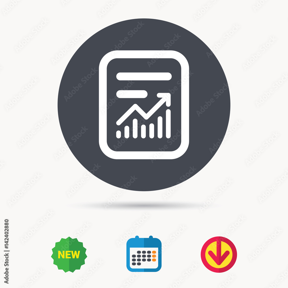 Report file icon. Document page with statistics symbol. Calendar, download arrow and new tag signs. Colored flat web icons. Vector Report file icon. Document page with statistics symbol. Calendar, download arrow and new tag signs. Colored flat web icons. Vector