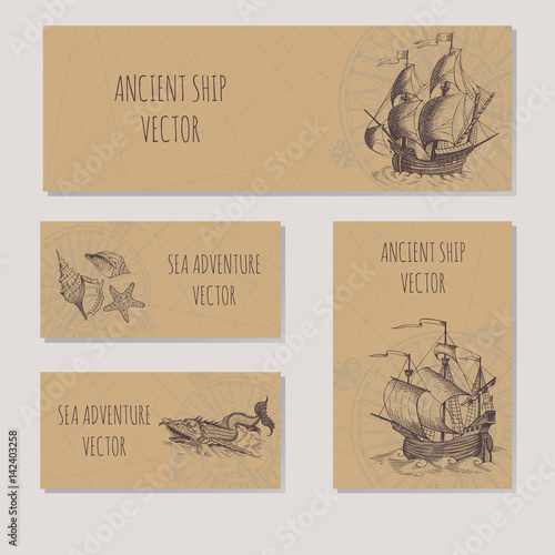 Old caravel, vintage sailboat. Sea adventure vector background. Doodles design elements business cards, banners.