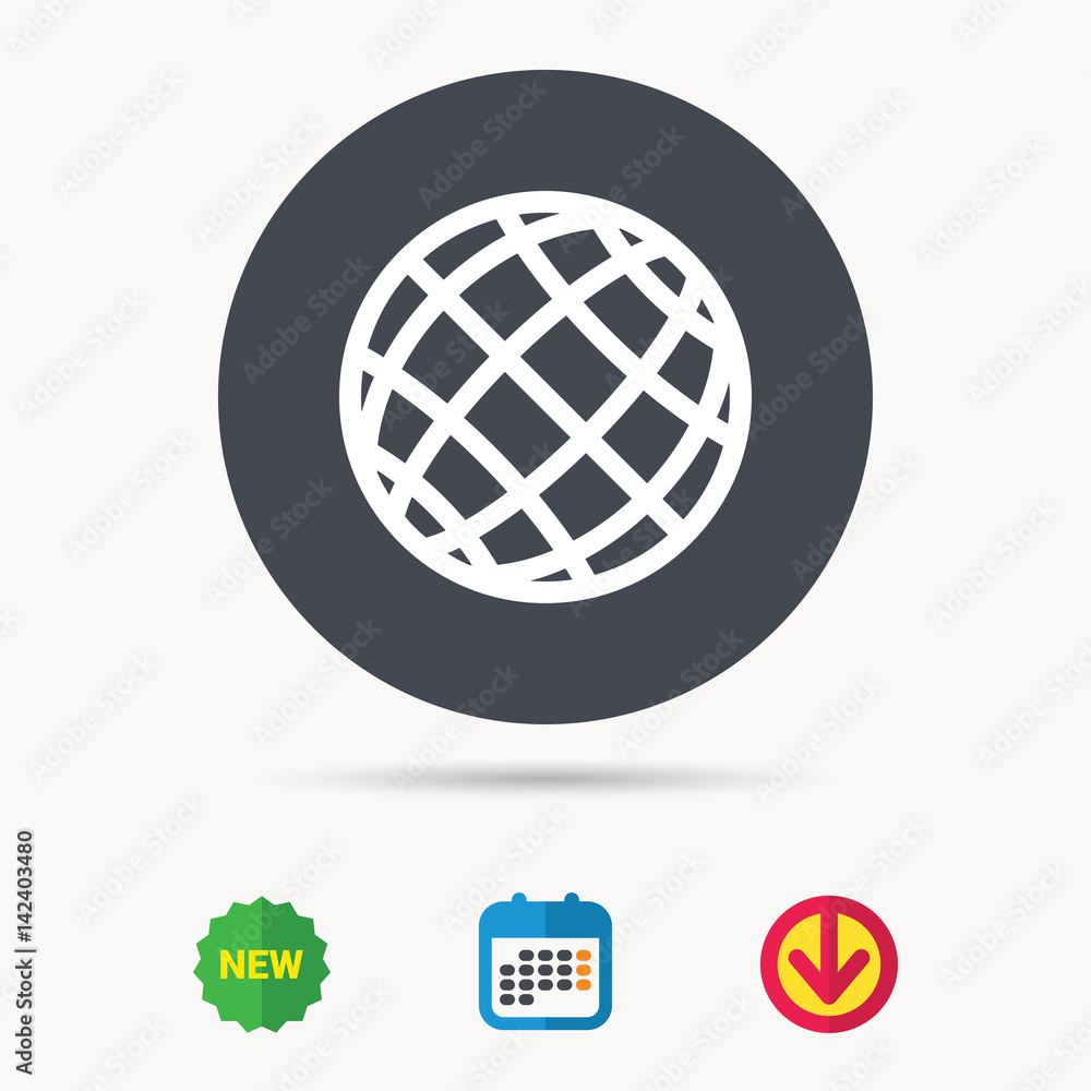 Globe icon. World or internet symbol. Calendar, download arrow and new tag signs. Colored flat web icons. Vector Globe icon. World or internet symbol. Calendar, download arrow and new tag signs. Colored flat web icons. Vector
