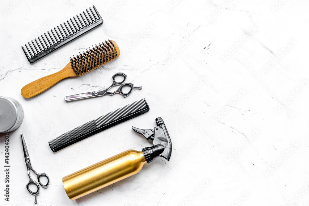 hairdresser working desk with tools on white background top view mock up hairdresser working desk with tools on white background top view mock up