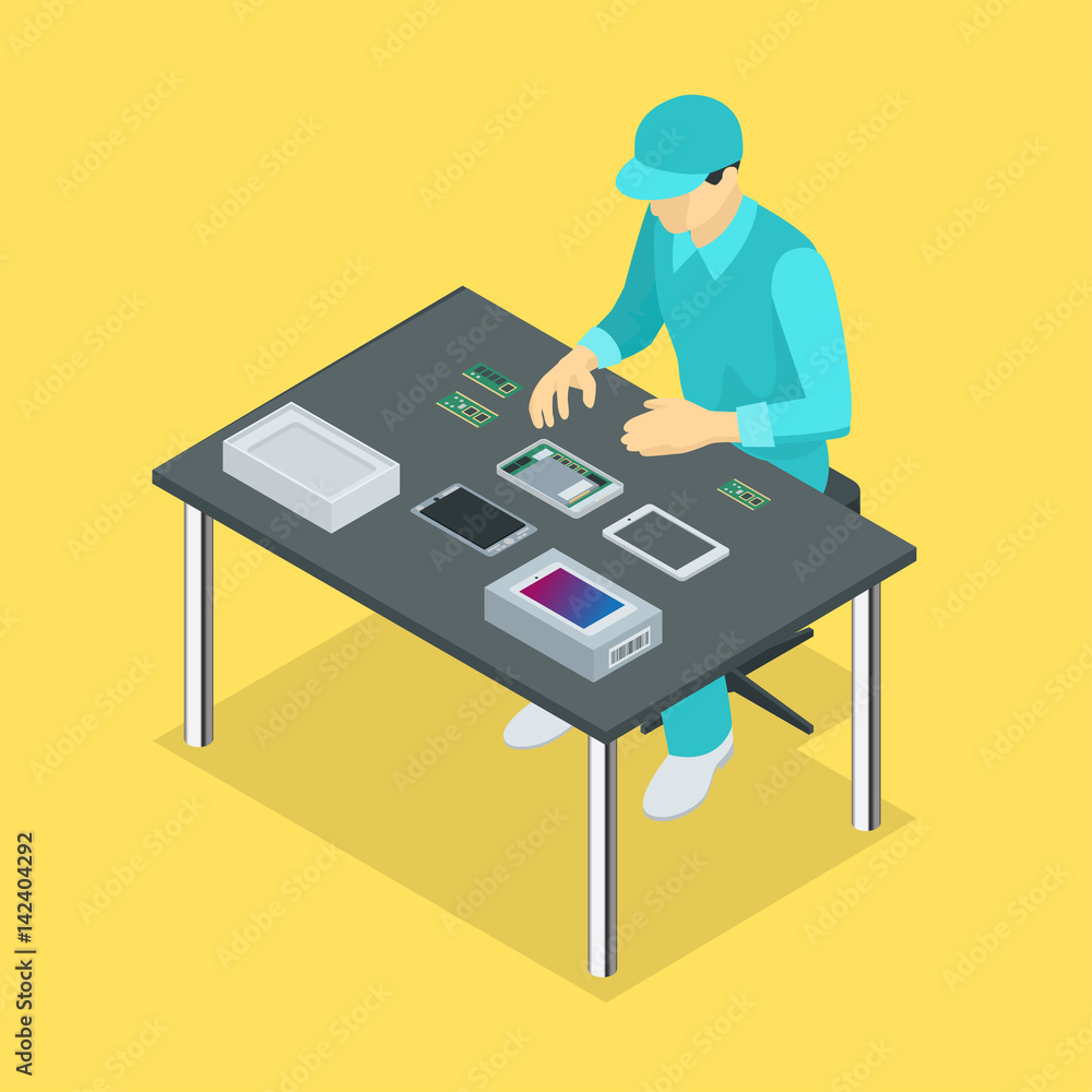 Factory Manual assembly line with works and conveyor belt controlled manufacturing process