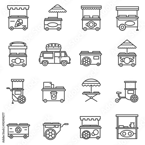 Street food trade icons set. Mobile street equipment. Tents and stands, isolated symbols collection