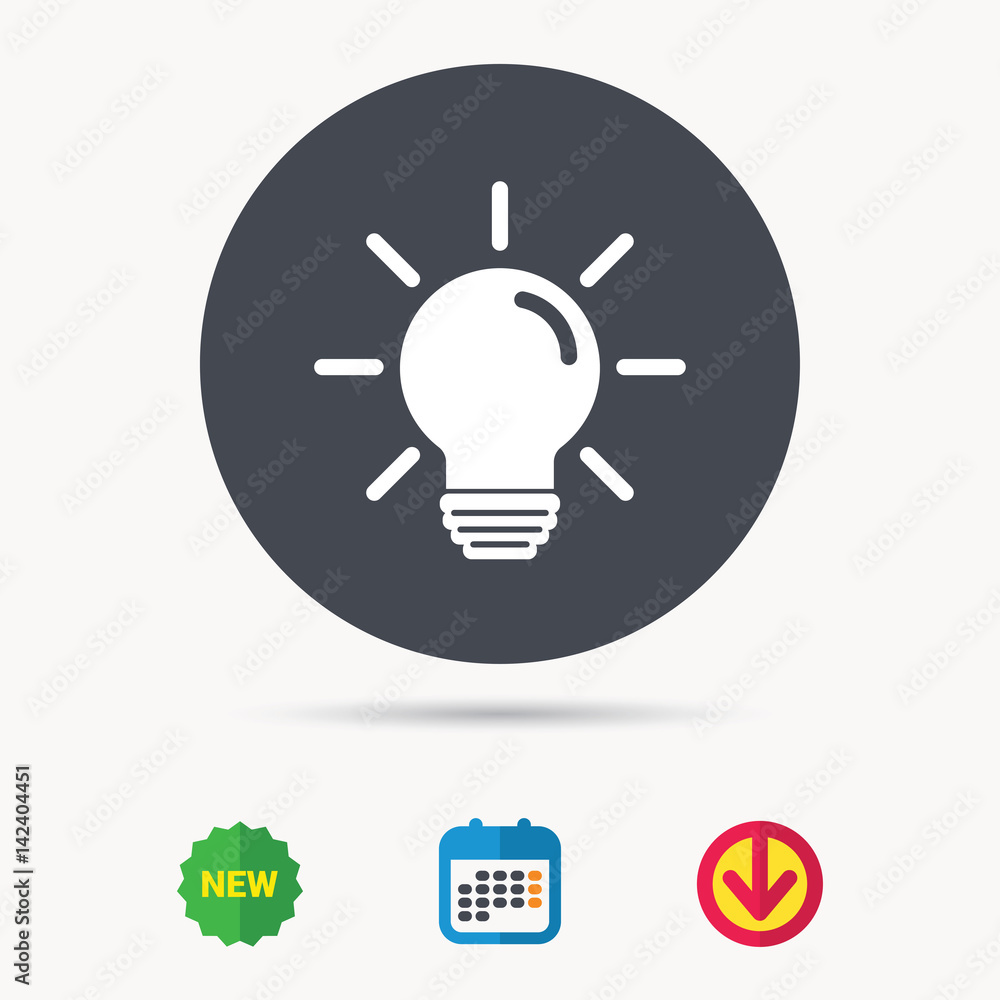 Light bulb icon. Lamp sign. Illumination technology symbol. Calendar, download arrow and new tag signs. Colored flat web icons. Vector Light bulb icon. Lamp sign. Illumination technology symbol. Calendar, download arrow and new tag signs. Colored flat web icons. Vector