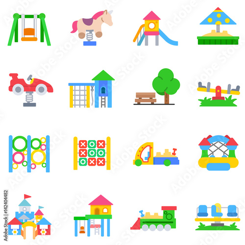 Playground icons set. Play area designed to enable children, entertainment and recreation. isolated vector illustrations