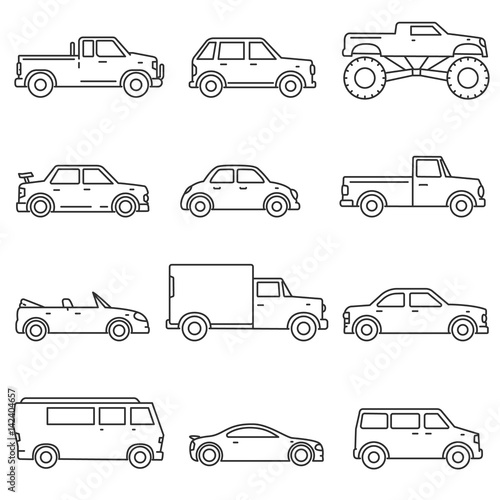 Cars, icons set. Means of transport, thin line design. Different types of car, isolated vector illustration
