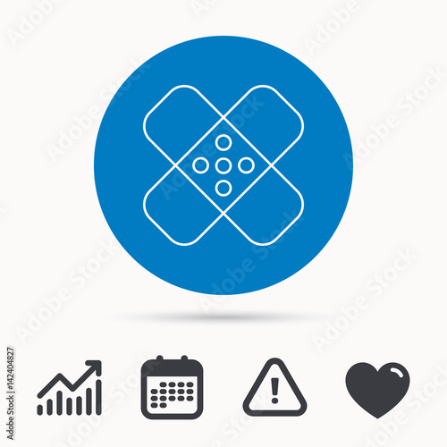 Medical plaster icon. Injury fix sign. Calendar, attention sign and growth chart. Button with web icon. Vector