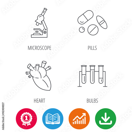 Microscope, medical pills and heart icons. Lab bulbs linear sign. Award medal, growth chart and opened book web icons. Download arrow. Vector