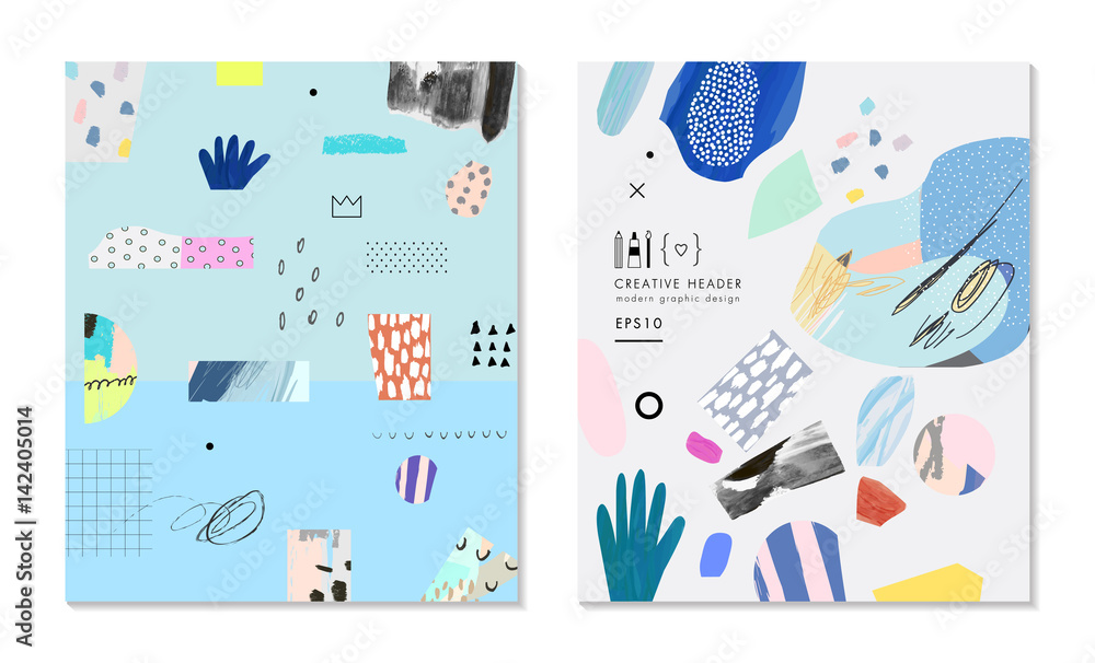 Plakat Collection of trendy creative cards with different shapes and textures. Modern graphic design. Collage. Design for poster, header, card, invitation, cover, placard, brochure, flyer. Vector