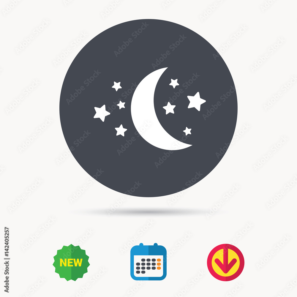 Moon and stars icon. Night sleep symbol. Calendar, download arrow and new tag signs. Colored flat web icons. Vector