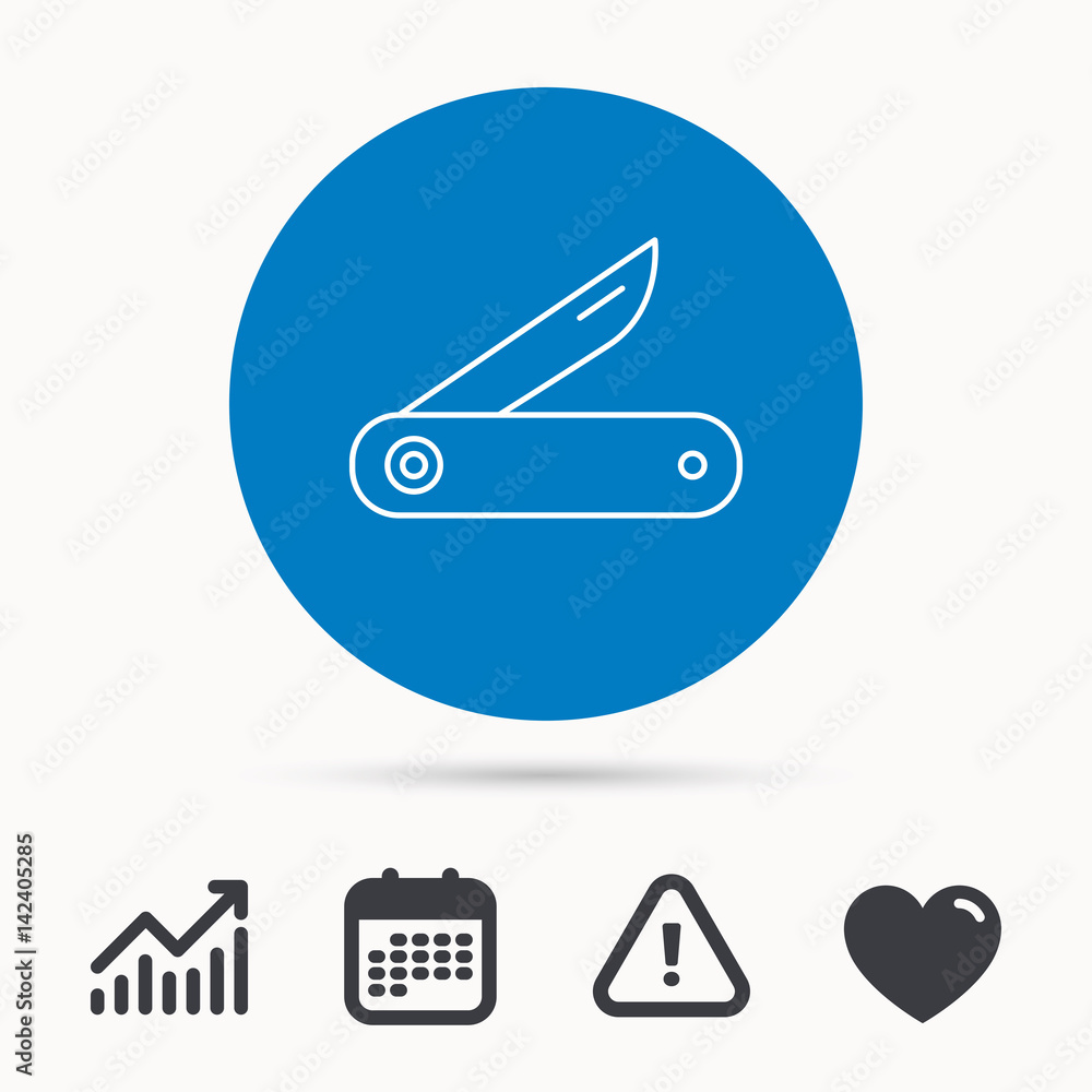 Multitool knife icon. Multifunction tool sign. Hiking equipment symbol. Calendar, attention sign and growth chart. Button with web icon. Vector Multitool knife icon. Multifunction tool sign. Hiking equipment symbol. Calendar, attention sign and growth chart. Button with web icon. Vector