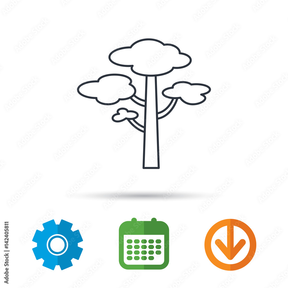 Pine tree icon. Forest wood sign. Nature environment symbol. Calendar, cogwheel and download arrow signs. Colored flat web icons. Vector Pine tree icon. Forest wood sign. Nature environment symbol. Calendar, cogwheel and download arrow signs. Colored flat web icons. Vector