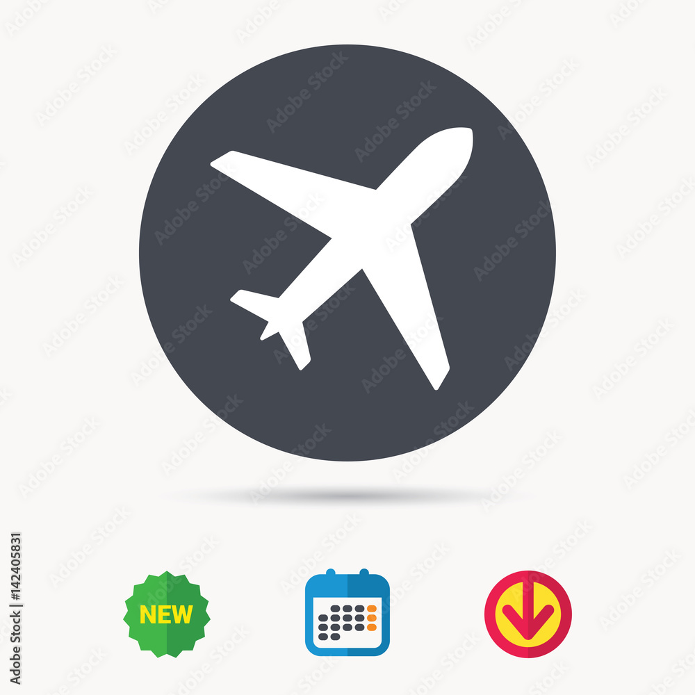 Plane icon. Flight transport symbol. Calendar, download arrow and new tag signs. Colored flat web icons. Vector