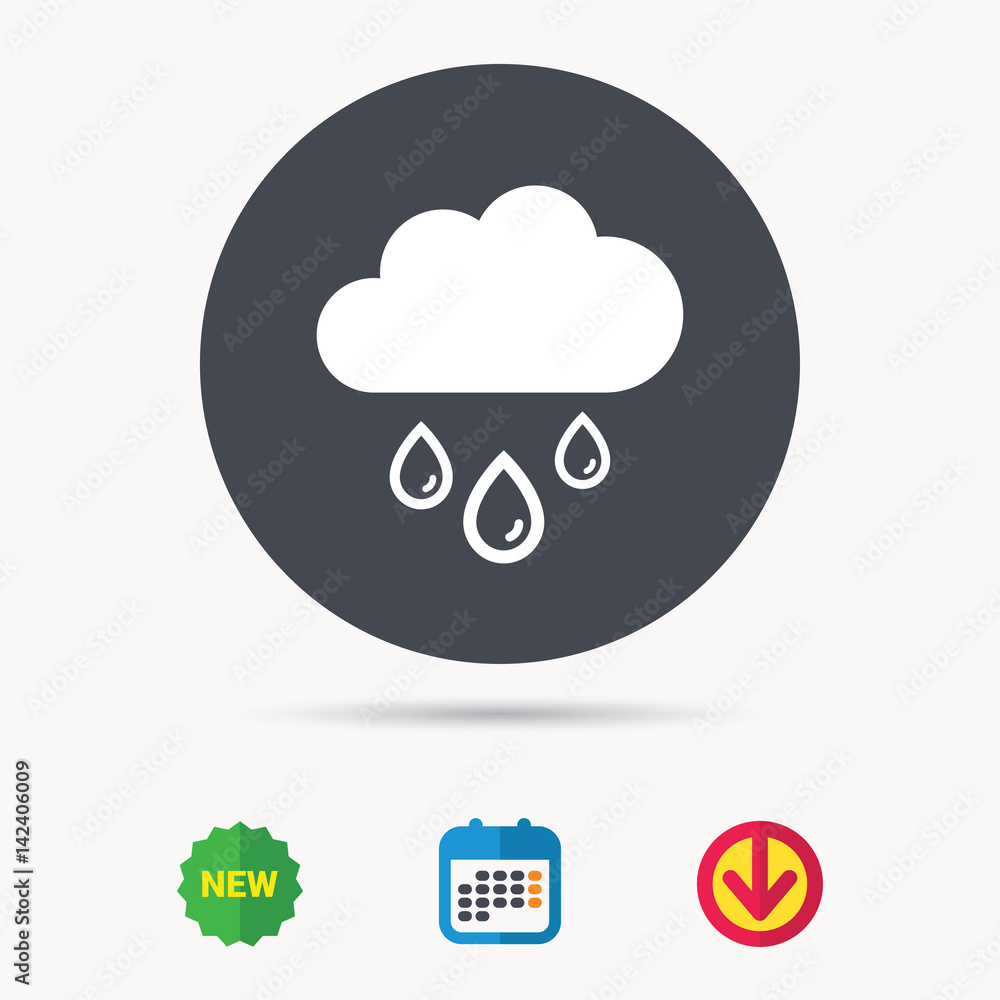 Cloud with rain drops icon. Rainy day symbol. Calendar, download arrow and new tag signs. Colored flat web icons. Vector Cloud with rain drops icon. Rainy day symbol. Calendar, download arrow and new tag signs. Colored flat web icons. Vector