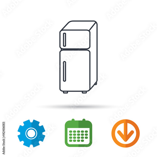 Refrigerator icon. Fridge sign. Calendar, cogwheel and download arrow signs. Colored flat web icons. Vector