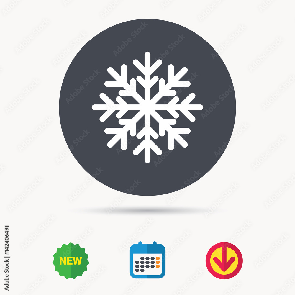 Snowflake icon. Air conditioning symbol. Calendar, download arrow and new tag signs. Colored flat web icons. Vector Snowflake icon. Air conditioning symbol. Calendar, download arrow and new tag signs. Colored flat web icons. Vector