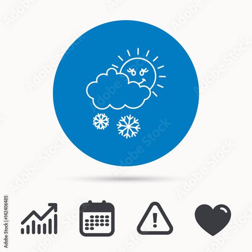 Snow with sun icon. Snowflakes with cloud sign. Snowy overcast symbol. Calendar, attention sign and growth chart. Button with web icon. Vector