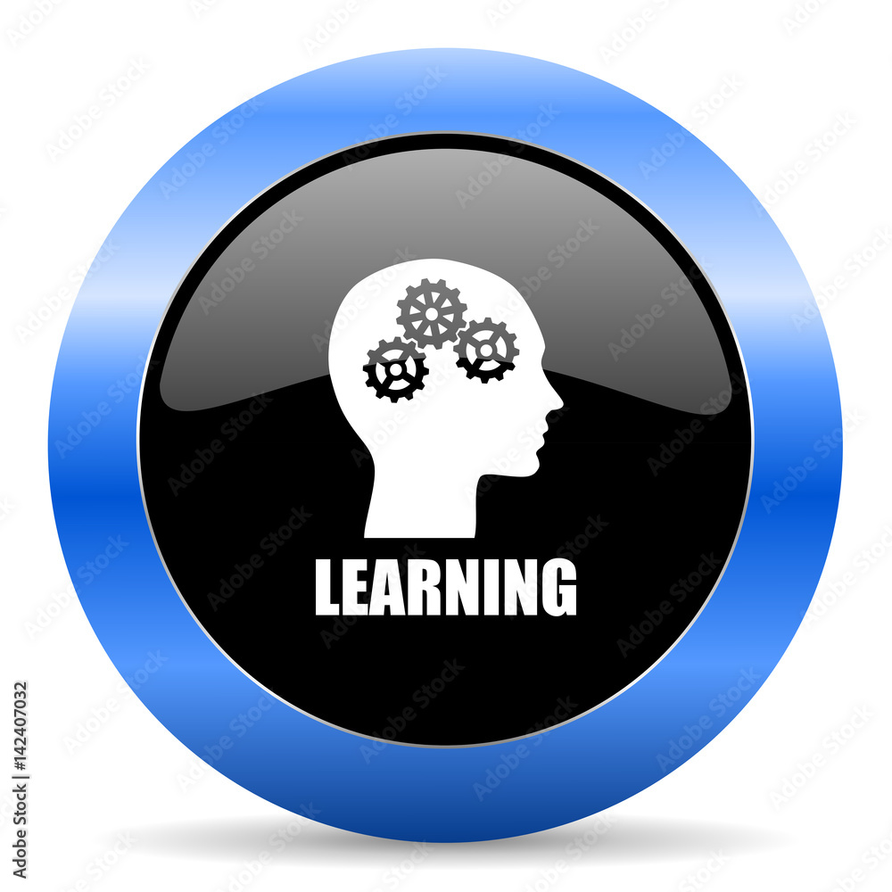 Learning black and blue web design round internet icon with shadow on white background. Learning black and blue web design round internet icon with shadow on white background.