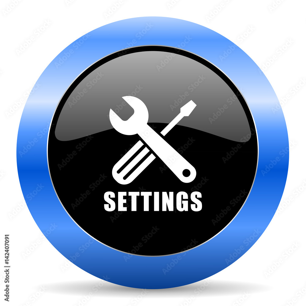 Settings black and blue web design round internet icon with shadow on white background. Settings black and blue web design round internet icon with shadow on white background.
