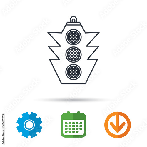 Traffic light icon. Safety direction regulate sign. Calendar, cogwheel and download arrow signs. Colored flat web icons. Vector