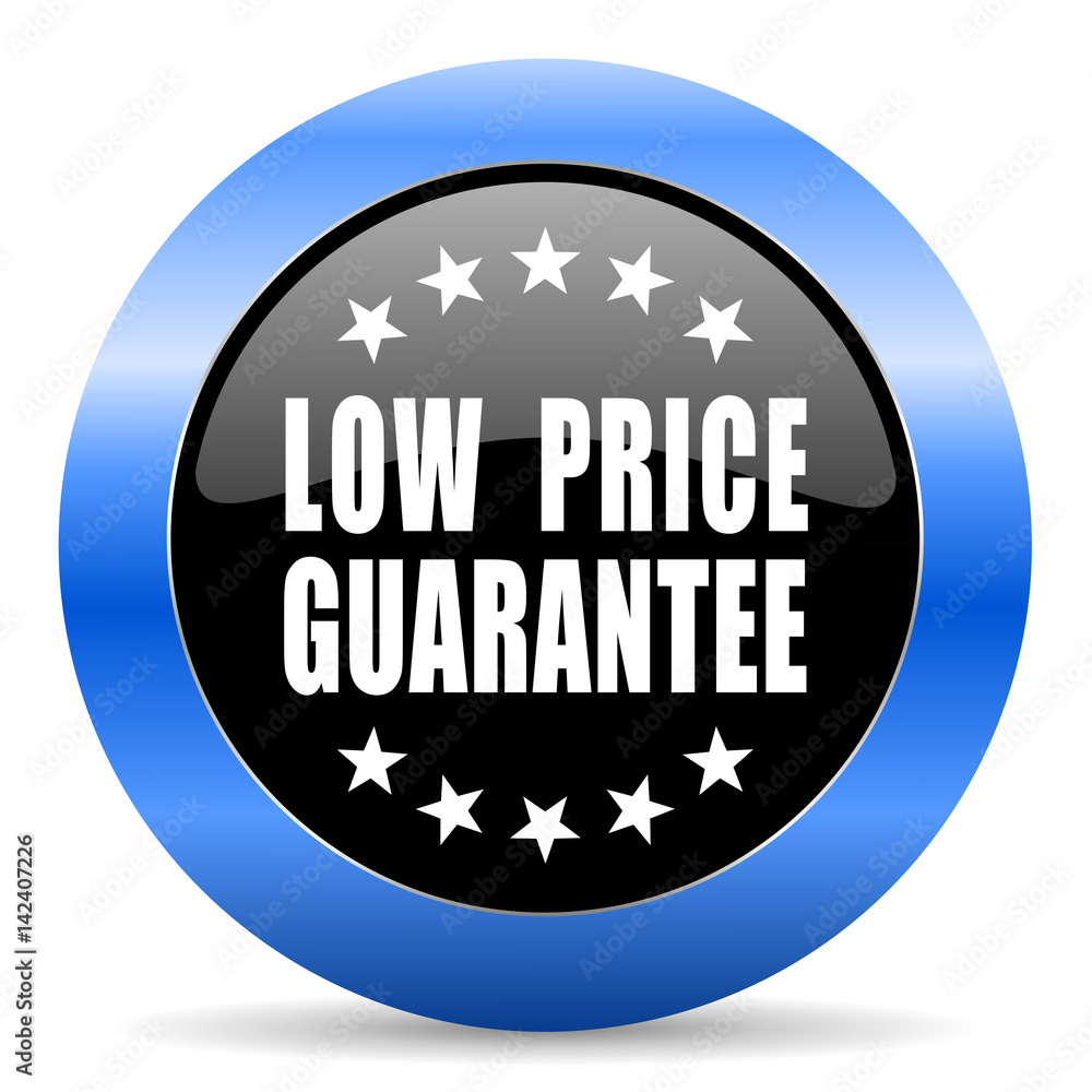 Low price guarantee black and blue web design round internet icon with shadow on white background. Low price guarantee black and blue web design round internet icon with shadow on white background.