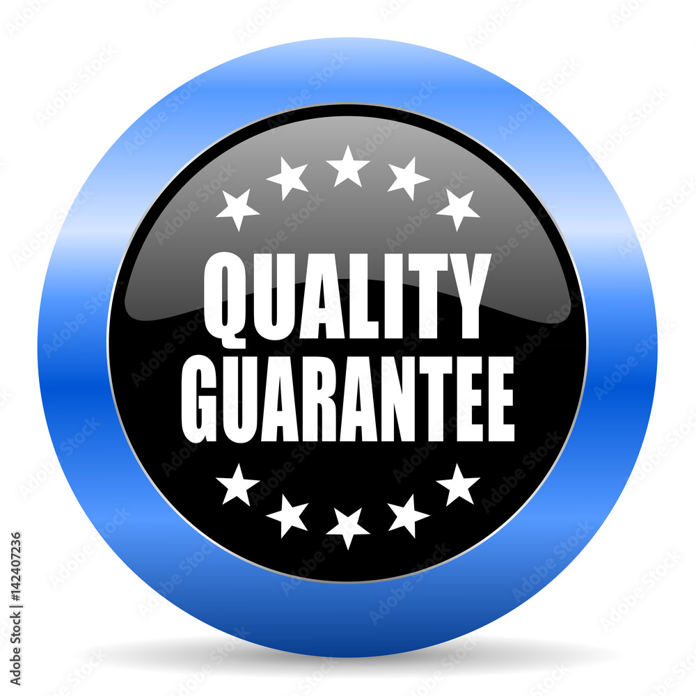Quality guarantee black and blue web design round internet icon with shadow on white background. Quality guarantee black and blue web design round internet icon with shadow on white background.