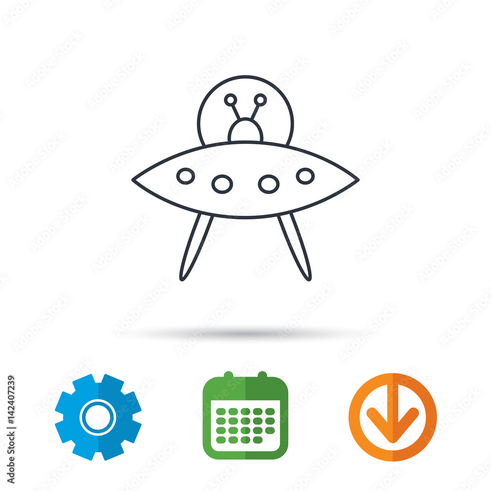 UFO icon. Unknown flying object sign. Martians symbol. Calendar, cogwheel and download arrow signs. Colored flat web icons. Vector UFO icon. Unknown flying object sign. Martians symbol. Calendar, cogwheel and download arrow signs. Colored flat web icons. Vector