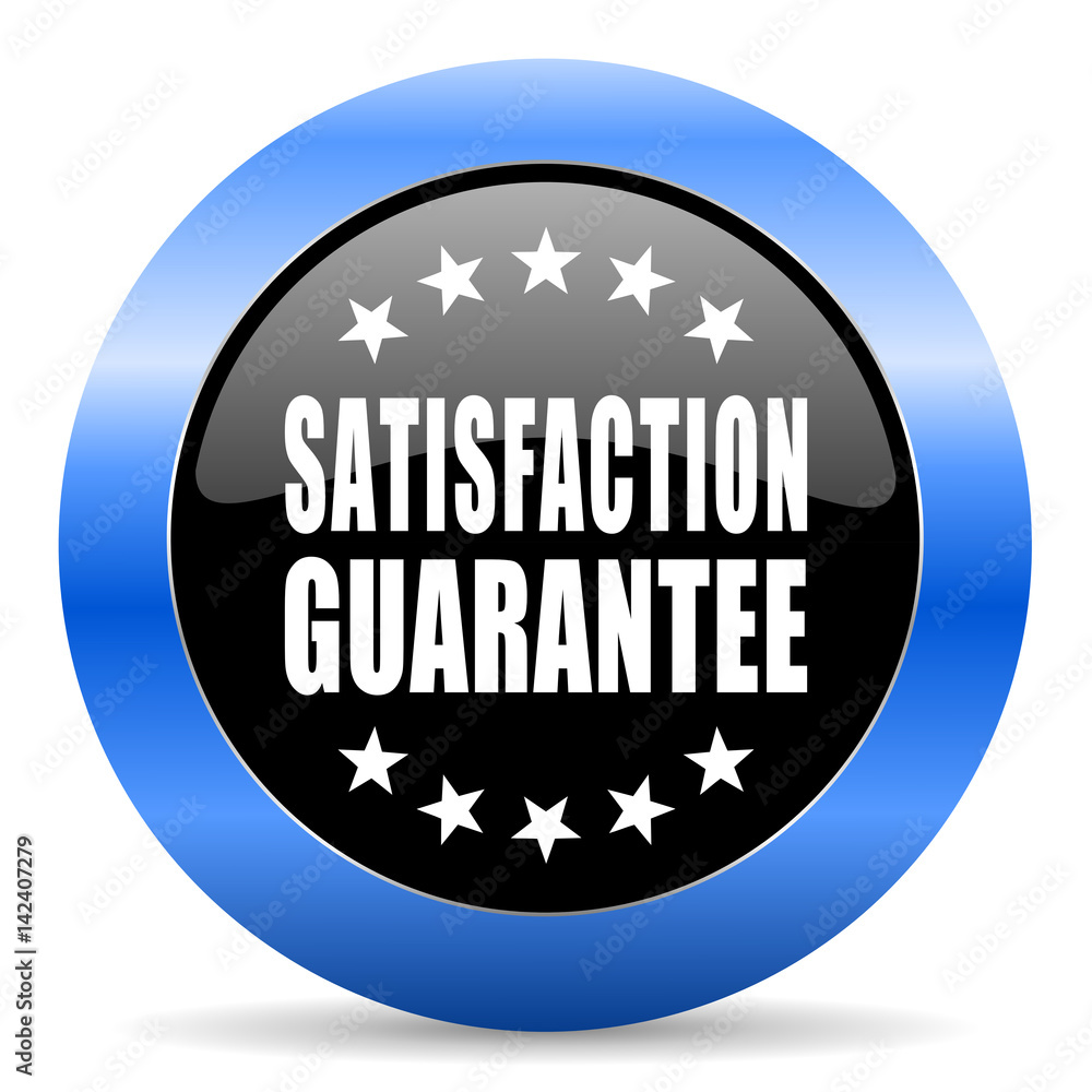 Satisfaction guarantee black and blue web design round internet icon with shadow on white background. Satisfaction guarantee black and blue web design round internet icon with shadow on white background.