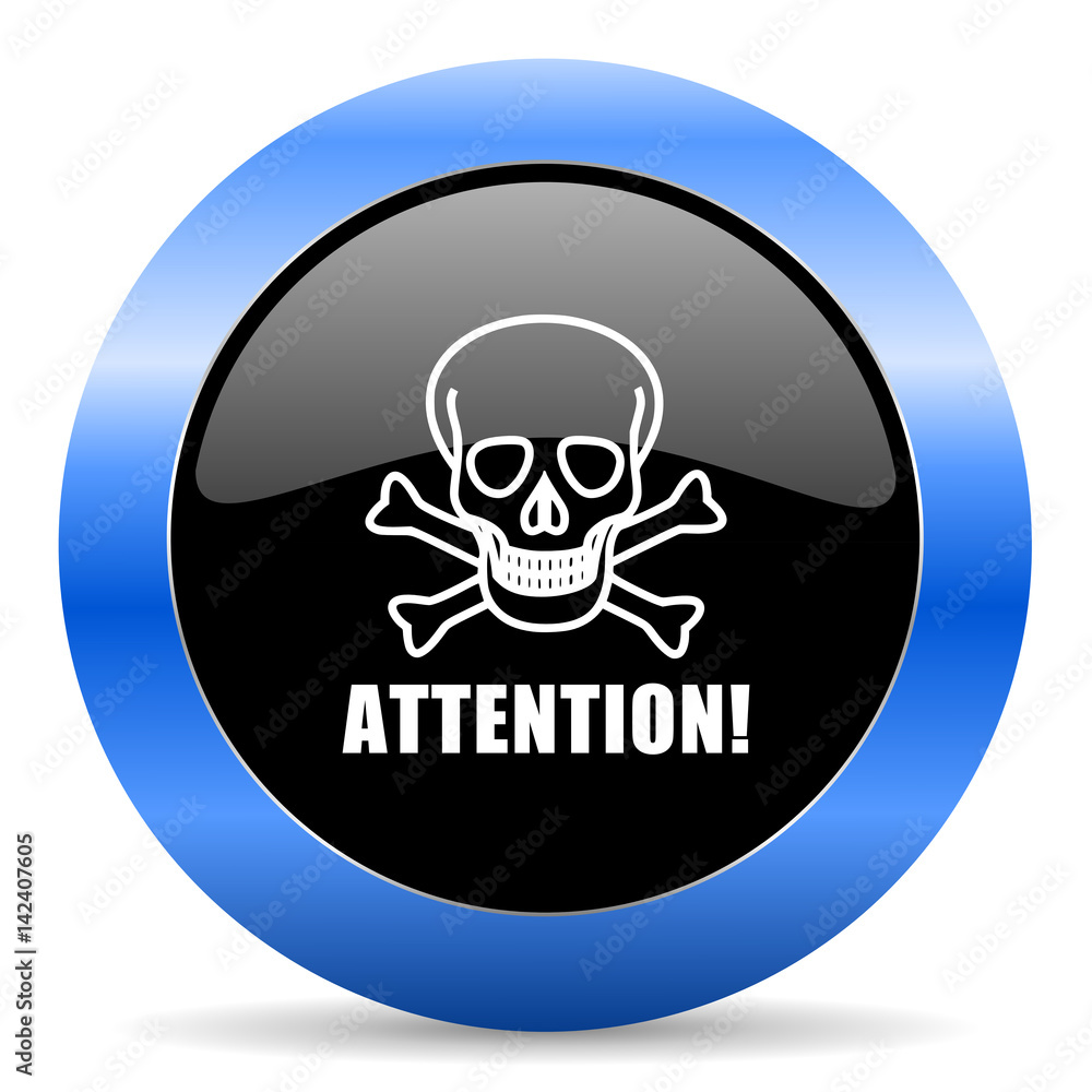 Attention skull black and blue web design round internet icon with shadow on white background. Attention skull black and blue web design round internet icon with shadow on white background.
