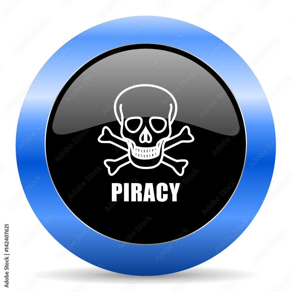 Piracy skull black and blue web design round internet icon with shadow on white background. Piracy skull black and blue web design round internet icon with shadow on white background.