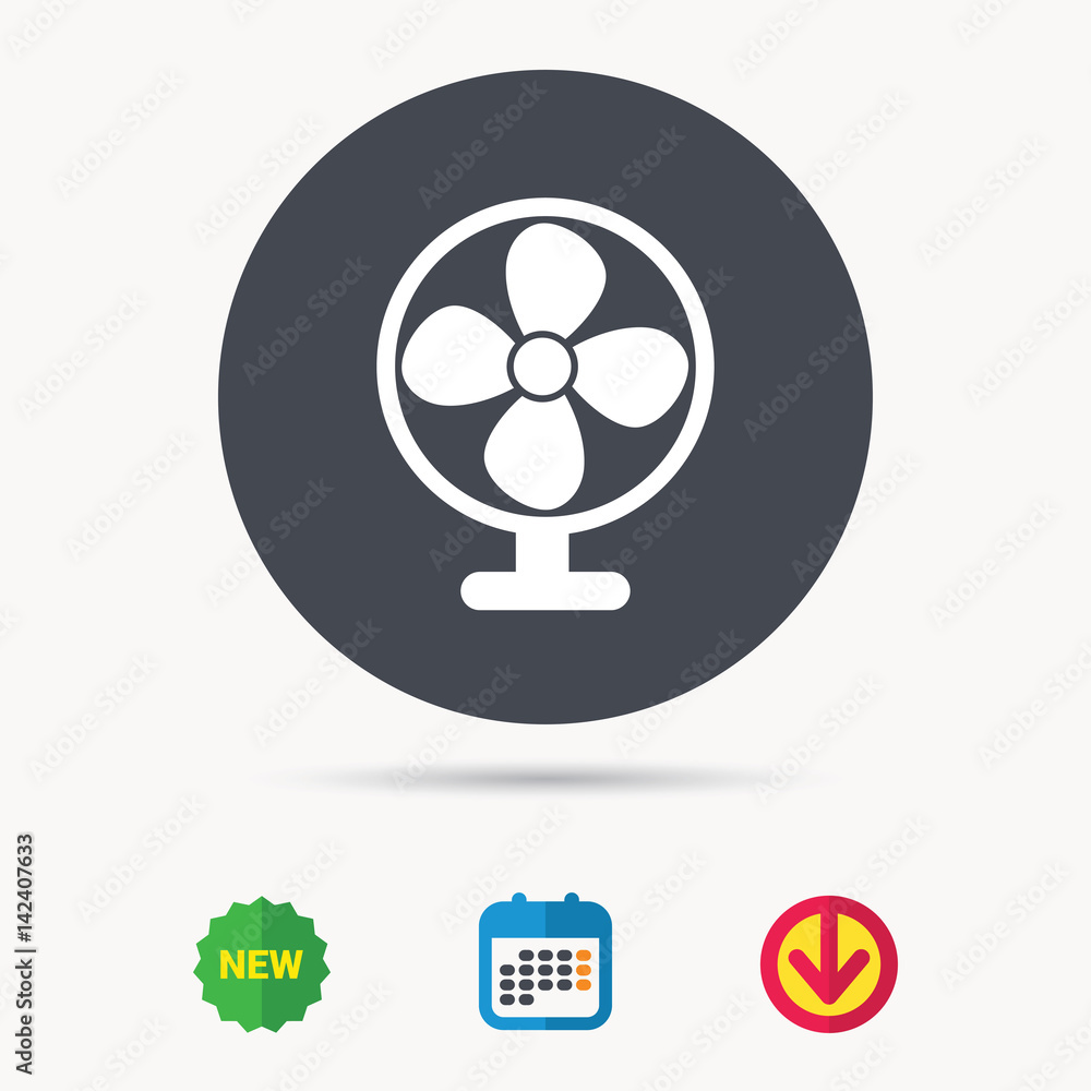 Ventilator icon. Air ventilation or fan symbol. Calendar, download arrow and new tag signs. Colored flat web icons. Vector Ventilator icon. Air ventilation or fan symbol. Calendar, download arrow and new tag signs. Colored flat web icons. Vector