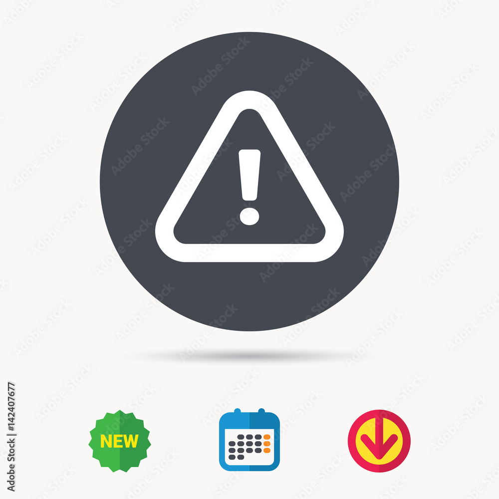 Warning icon. Attention exclamation mark symbol. Calendar, download arrow and new tag signs. Colored flat web icons. Vector Warning icon. Attention exclamation mark symbol. Calendar, download arrow and new tag signs. Colored flat web icons. Vector