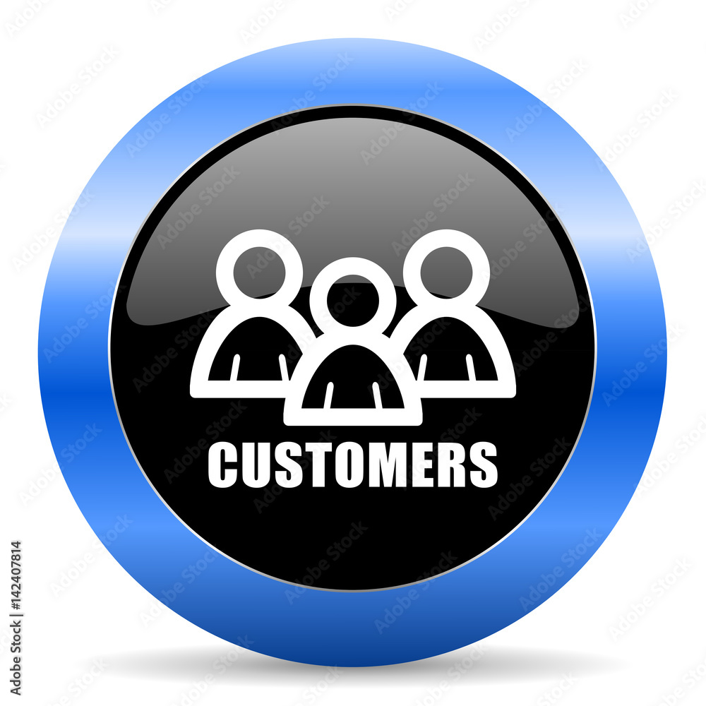 Customers black and blue web design round internet icon with shadow on white background. Customers black and blue web design round internet icon with shadow on white background.
