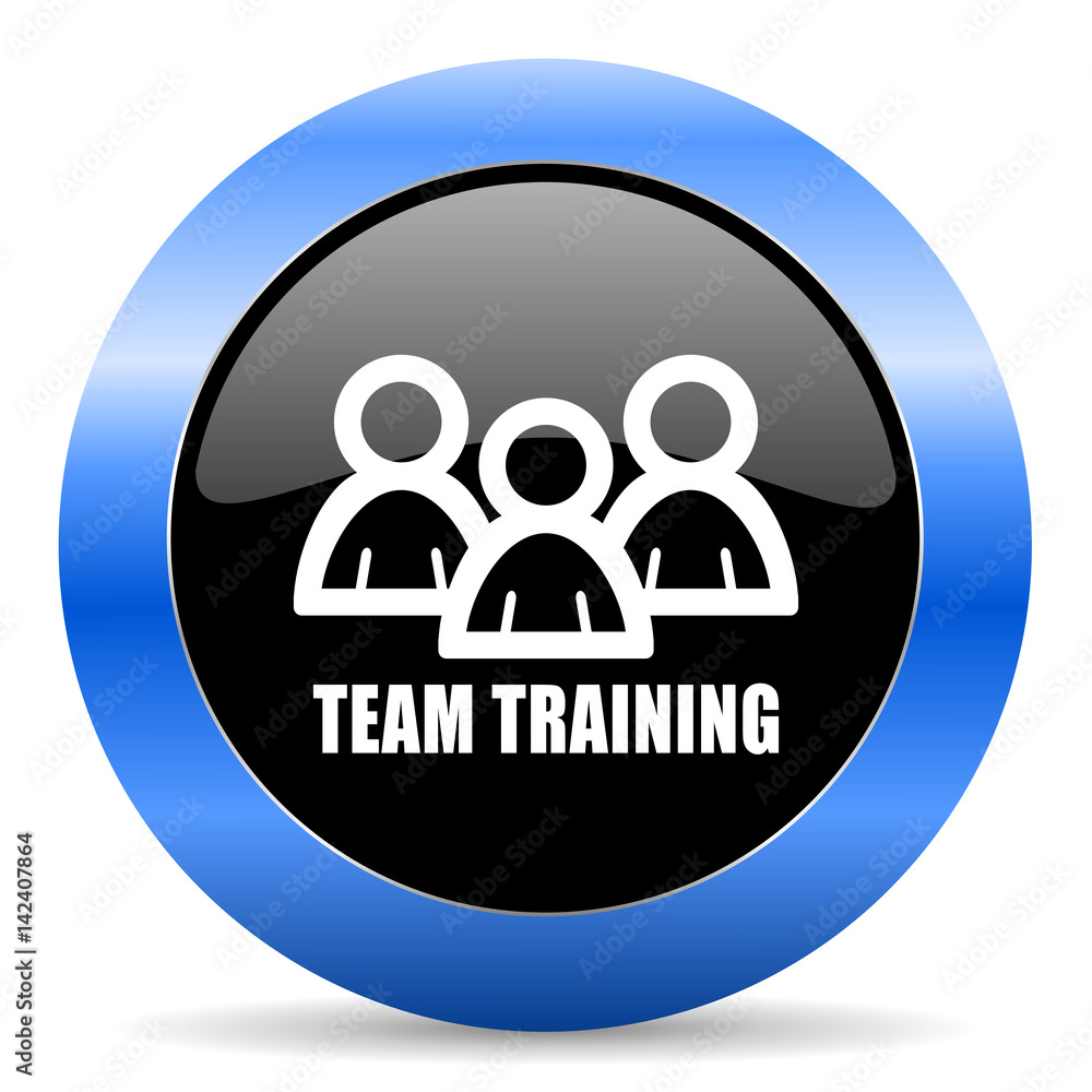Team training black and blue web design round internet icon with shadow on white background. Team training black and blue web design round internet icon with shadow on white background.
