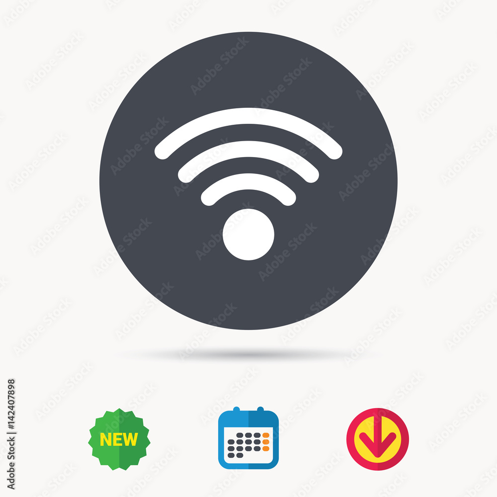Wifi icon. Wireless internet sign. Communication technology symbol. Calendar, download arrow and new tag signs. Colored flat web icons. Vector Wifi icon. Wireless internet sign. Communication technology symbol. Calendar, download arrow and new tag signs. Colored flat web icons. Vector