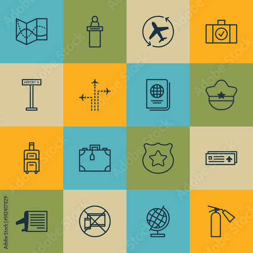 Set Of 16 Airport Icons. Includes Flight Path, Airport Card, Forbidden Mobile And Other Symbols. Beautiful Design Elements.