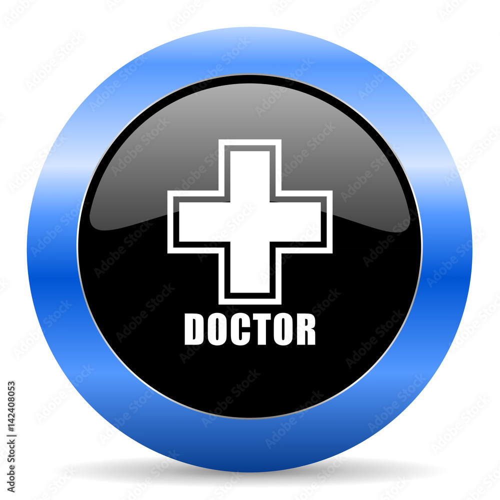 Doctor black and blue web design round internet icon with shadow on white background. Doctor black and blue web design round internet icon with shadow on white background.