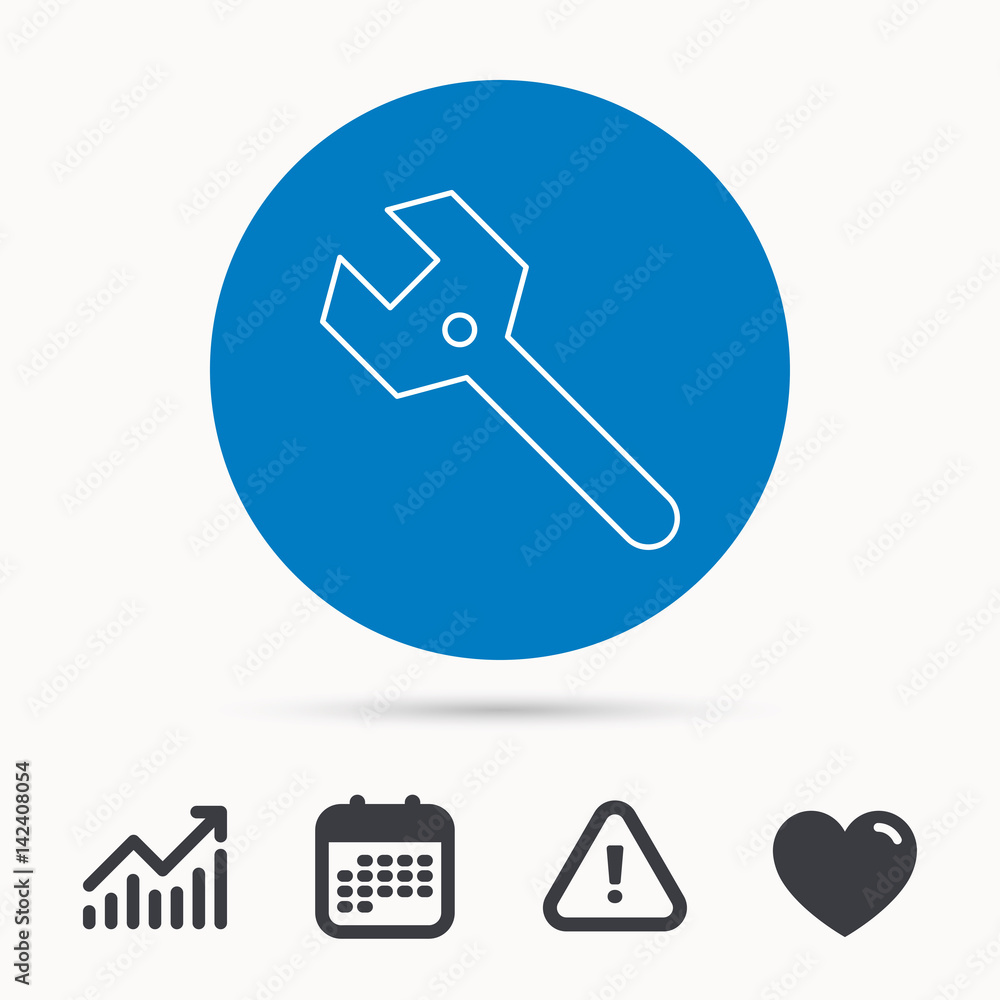 Wrench key icon. Repair fix tool sign. Calendar, attention sign and growth chart. Button with web icon. Vector Wrench key icon. Repair fix tool sign. Calendar, attention sign and growth chart. Button with web icon. Vector