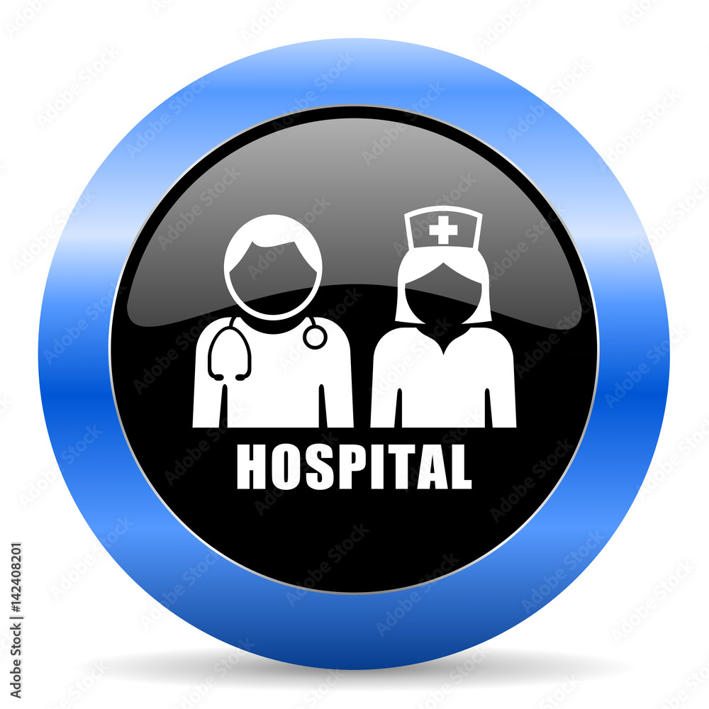 Hospital black and blue web design round internet icon with shadow on white background. Hospital black and blue web design round internet icon with shadow on white background.