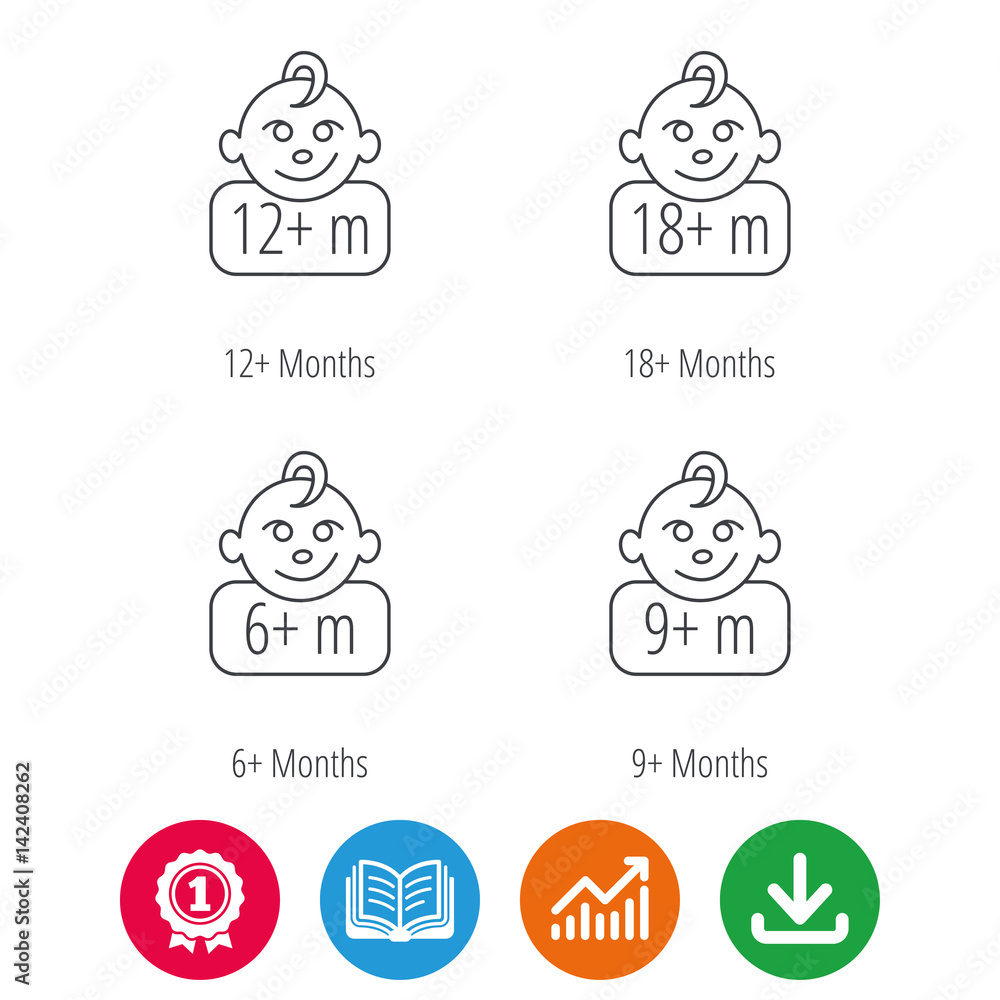 Infant child and toddler baby icons. 6-18 months child linear sign. Award medal, growth chart and opened book web icons. Download arrow. Vector Infant child and toddler baby icons. 6-18 months child linear sign. Award medal, growth chart and opened book web icons. Download arrow. Vector