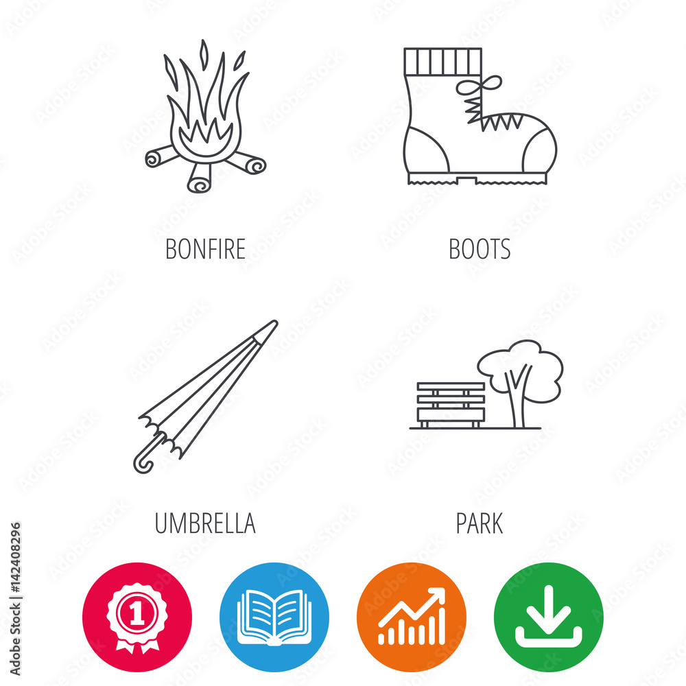 Bonfire, umbrella and hiking boots icons. Park linear sign. Award medal, growth chart and opened book web icons. Download arrow. Vector Bonfire, umbrella and hiking boots icons. Park linear sign. Award medal, growth chart and opened book web icons. Download arrow. Vector