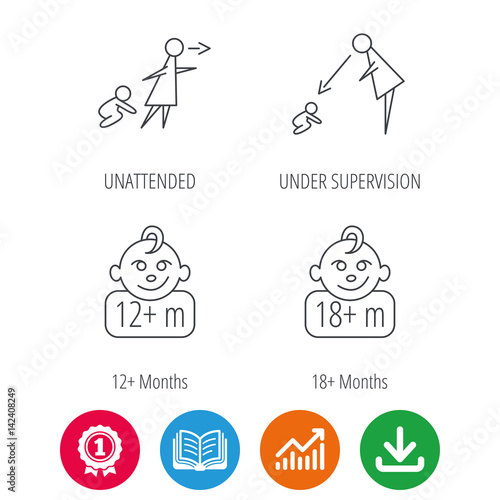 Unattended, parents supervision and 12 months child icons. 18+ months child linear sign. Award medal, growth chart and opened book web icons. Download arrow. Vector