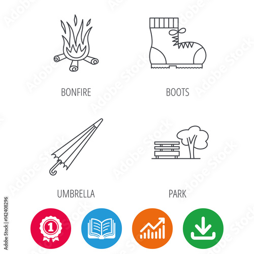 Bonfire, umbrella and hiking boots icons. Park linear sign. Award medal, growth chart and opened book web icons. Download arrow. Vector