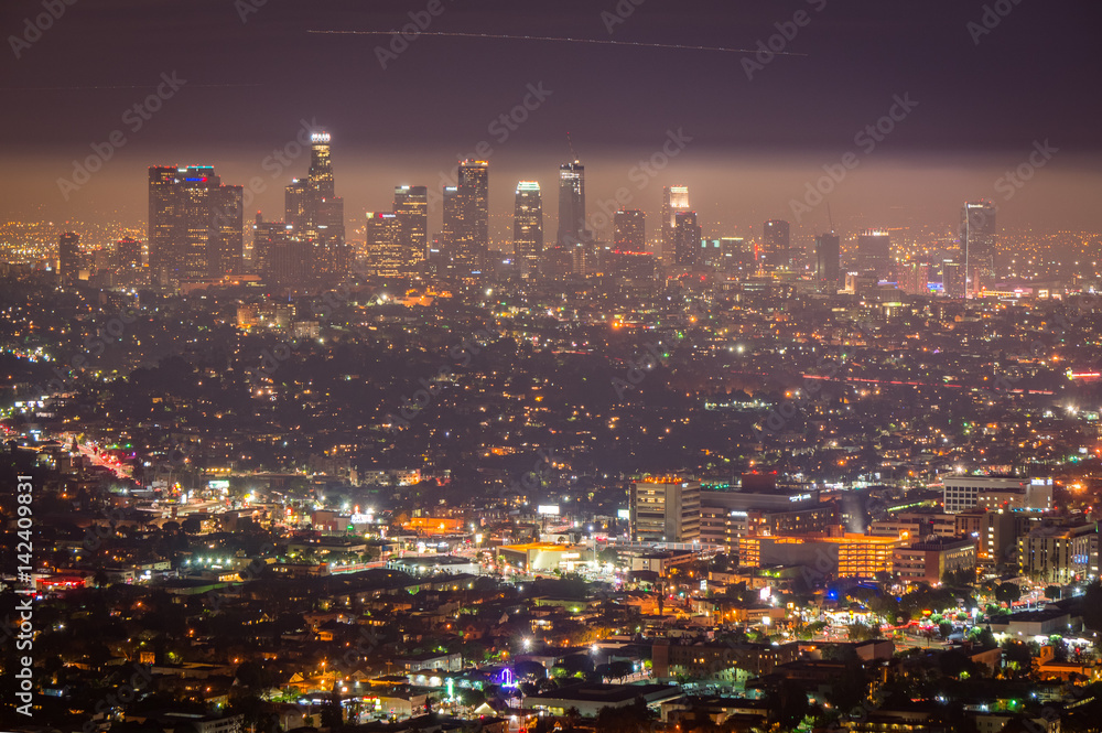 Night view of Los Angeles downtown, California, USA