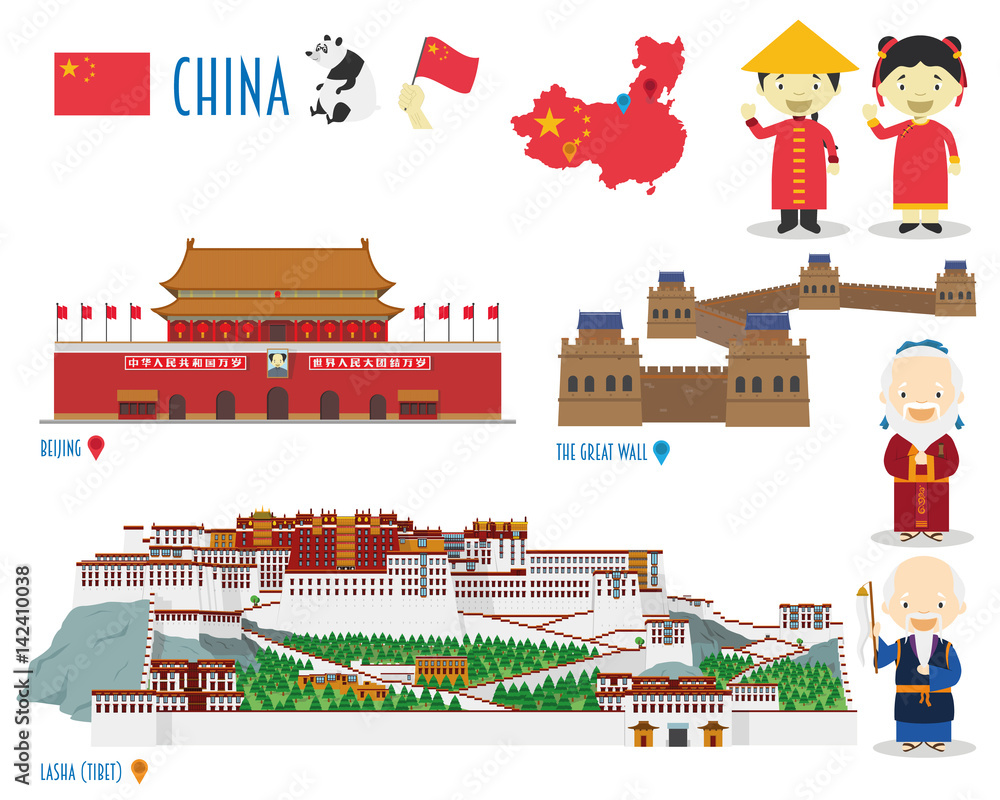 China Flat Icon Set Travel and tourism concept. Vector illustration