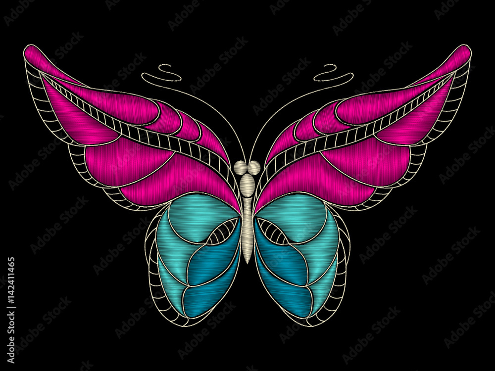 Embroidery. Pink with blue butterfly, with stitching on the edge on a black  background. Vector Stock Vector | Adobe Stock