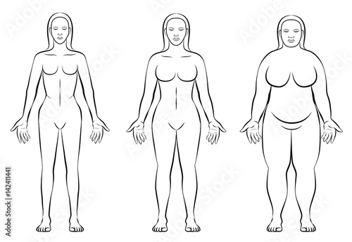 Female body constitution types - thin, normal weight and fat figure of a woman - ectomorph, mesomorph and endomorph - isolated outline vector illustration of three women with different anatomy. photo