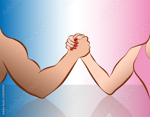 Arm wrestling of woman and man as a symbol for gender showdown. Isolated vector illustration on pink and blue gradient.