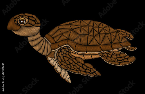 Embroidery sea turtle. Imitation hand embroidery stitch on fabric. Vector.