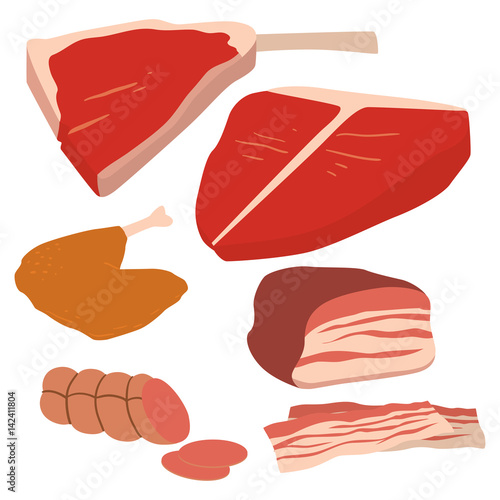 Meat products set of cartoon delicious barbecue kebab variety delicious gourmet meal and animal assortment slice lamb cooked vector illustration © Vectorvstocker
