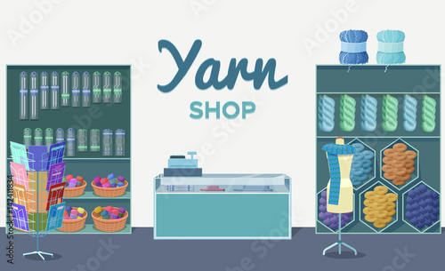 Wool shop interior template with yarn skeins, knitting tools,  machine and handmade hobby accessories in flat style vector illustration
